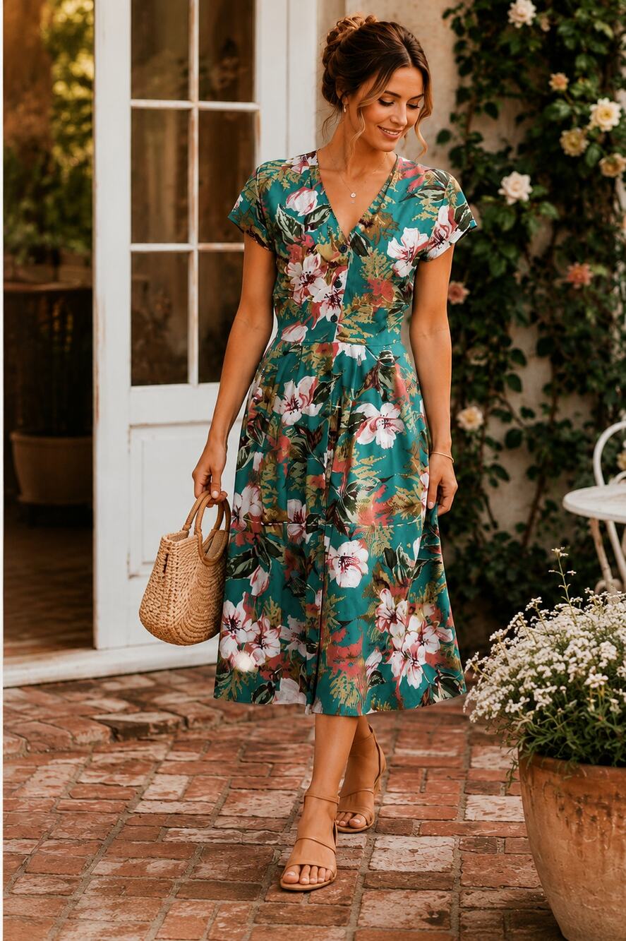 Carol Anderson Vintage Dress 7/8 Green Floral Button Front Tea Dress Cottage
